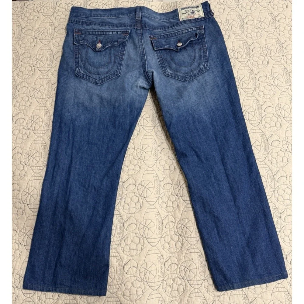 True Religion Mens Blue Jeans Tag Size 42 Distressed Pocket Flaps World Tour